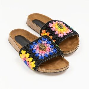 Kurt Geiger Black Crochet Slide Sandals with Multicolor Floral Accents 8.5